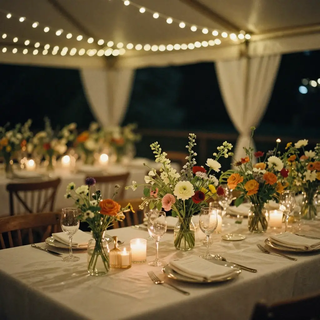 Elegant small event setup with string lights and beautiful table arrangements